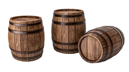 Fototapeta premium Set of wooden oak barrels isolated on white background.AI GENERATED