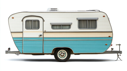 Vintage travel trailer isolated on white background. retro summer adventure transport camper caravan mobile rv vehicle, classic camping house, outdoor journey or trip.