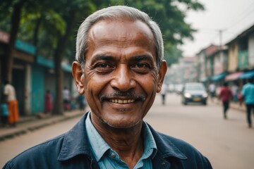 Obraz premium Close portrait of a smiling senior Bangladeshi man looking at the camera, Bangladeshi city outdoors blurred background
