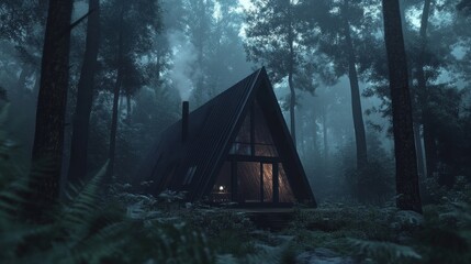 Mysterious A-Frame Cabin in a Foggy Forest at Night