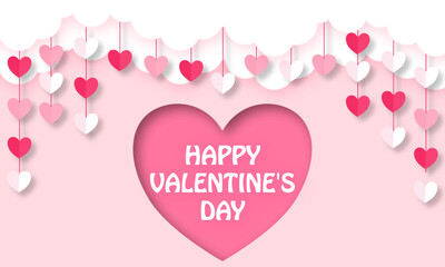 Happy Valentine's day  banner background paper cut with heart balloon floating it the sky.