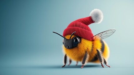 Cute stylized bumblebee wearing a red knit hat with a white pom-pom on a blue gradient background