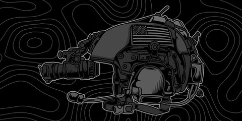 A black and white illustration of a military helmet with a night vision scope and an American flag patch. The helmet is depicted with intricate details, highlighting its rugged and tactical design © Reza