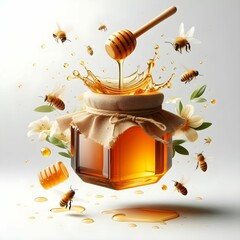 The image showcases a beautifully crafted honey jar, which is elegantly adorned with a cloth cover. Above the jar, a wooden honey dipper drizzles honey, creating a dynamic splash effect that captures 