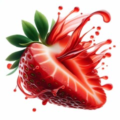 The image features a vibrant strawberry that appears to be bursting apart, with bright red juice splashing outward. The strawberry’s rich texture is clearly depicted, showcasing its seeds and glossy s