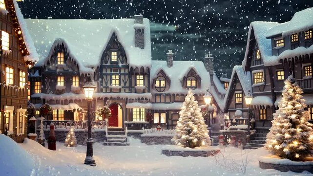 Miniature Street at Christmas. X-mas in the tiny model of old town. Toy city with houses and trees
