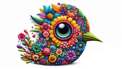 A colorful, whimsical bird with large eyes, a long beak, made entirely of vibrant flowers