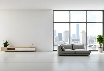 Fototapeta premium A modern, minimalist interior with a large window overlooking a city skyline . The room has white walls and a concrete floor , with a simple gray sofa and a few decorative elements.