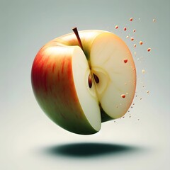 The image features a beautifully rendered apple, perfectly sliced in half, appearing to float in mid-air. The apple has a vibrant red and yellow skin that showcases its glossy texture. The inner flesh