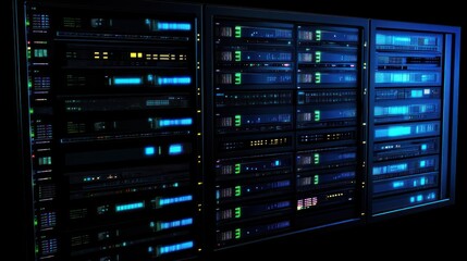 Naklejka premium A modern data server rack displaying numerous illuminated components and indicators.