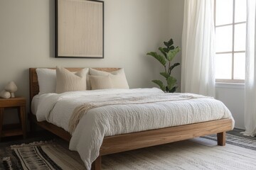 modern bedroom design, tranquil bedroom featuring a sleek wooden bed and clean white bedding, complemented by a stylish black and white wall art piece