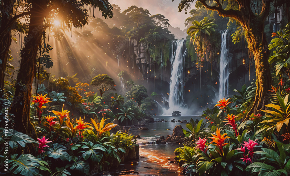 Poster waterfall is in the middle of a jungle. the waterfall is surrounded by trees and plants