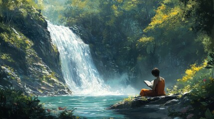 Fototapeta premium Tranquil Waterfall Retreat: A Moment of Peace and Solitude