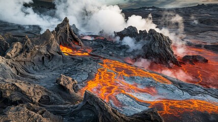 Naklejka premium Volcanic Landscape with Steaming Vents and Vibrant Sulfur Deposits
