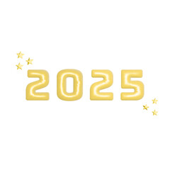 2025 and stars in 3d style on white background. Vector illustration plastic volumetric numbers and yellow stars. Vector illustration