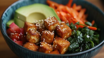 Delicious Sesame Tofu Bowl with Avocado, Carrots, and Greens