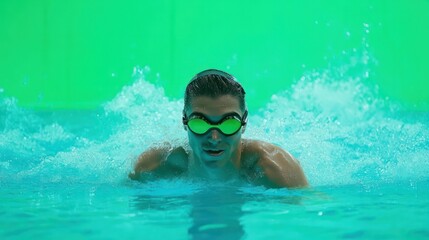 Naklejka premium A competitive swimmer preparing at the poolside, framed by a bold green screen for dynamic content