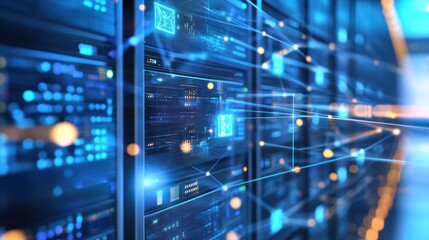 Obraz premium A futuristic data center with illuminated servers and network connections.