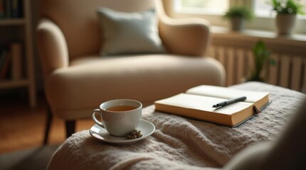 cozy indoor setting designed for anxiety relief, featuring a comfortable chair, a journal, and a cup of herbal tea,  reflection and self-soothing practices
