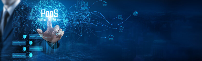 Businessman PaaS (Platform as a Service) icon on virtual interface, cloud computing, on-demand software, enterprise solutions, digital transformation tools, scalable platforms, seamless integration.