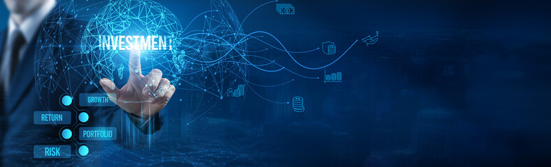 Businessman touching Investment icon on virtual interface, Financial Planning, Capital Allocation Strategy, Risk Management Techniques, Investment Portfolio Diversification, Market Trends Analysis.