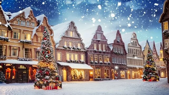 Miniature Street at Christmas. X-mas in the tiny model of old town. Toy city with houses and trees