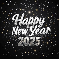 A glittering "Happy New Year 2025" banner with silver confetti falling in the background. - Image #1 @Tanveer Sukhera