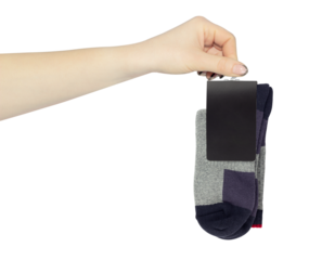 hand with outstretched socks isolated, give socks, give warm socks	
