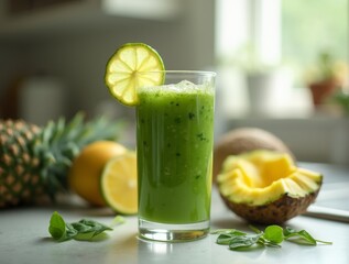 Fototapeta premium tropical green smoothie with spinach, pineapple, and coconut water, served in a tall glass with a slice of lime, placed on a kitchen countertop, vibrant texture