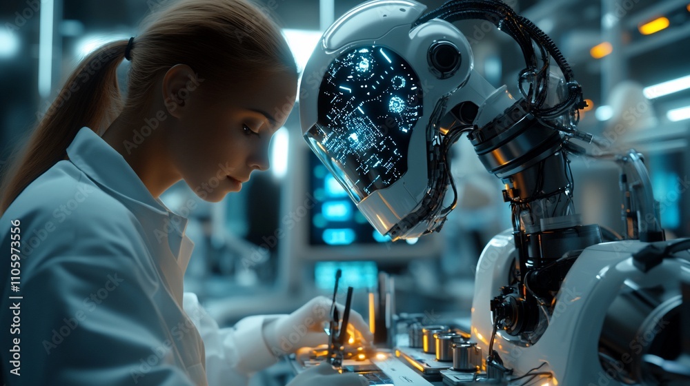 Poster Female scientist working with advanced robot in lab.