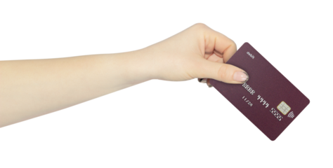 plastic card, credit card with chip in hand, outstretched hand with plastic card isolated from background	