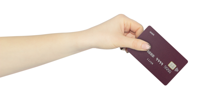 plastic card, credit card with chip in hand, outstretched hand with plastic card isolated from background	