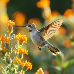 Naklejka premium striking hummingbird hovers gracefully colorful flowers displaying its remarkable speed and intricate wing movements blurred background blooming plants.