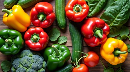 selection of non-starchy vegetables including bell peppers, spinach, cucumbers, and broccoli, arranged on a rustic wooden table, shot in natural light, top-down view with bright and fresh colors