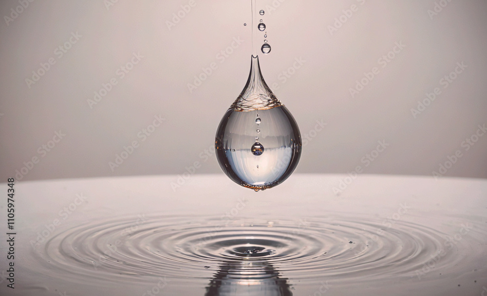 Poster drop of water is falling into a pool of water. the water is clear and the drop is small