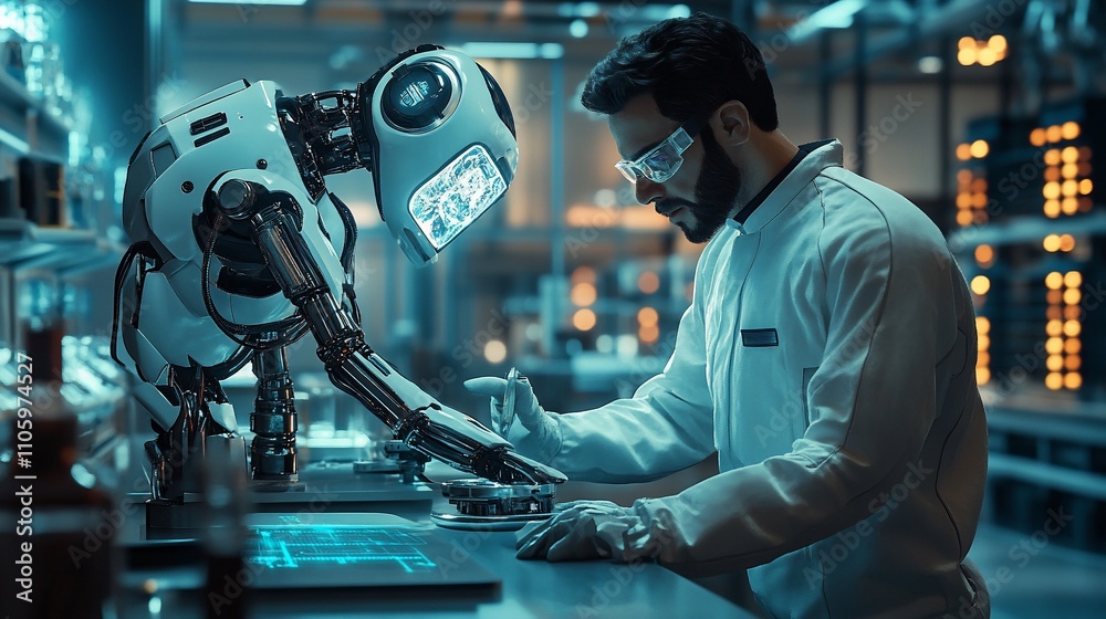 Poster Scientist and robot collaborating in a futuristic lab.