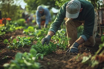 Community garden in a neighborhood setting, people planting and harvesting, focus on community bonding, mental well-being, and sense of environmental stewardship