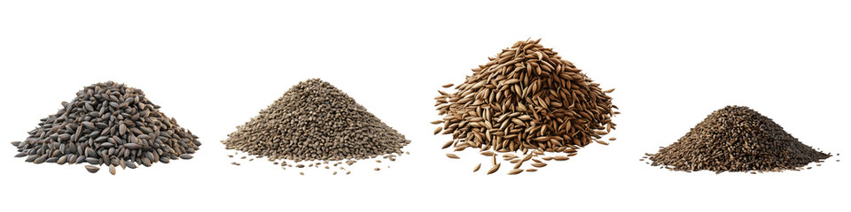 Pile of cumin seeds isolated on transparent background, Set of