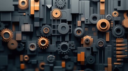 Fototapeta premium Abstract arrangement of interlocking gears and geometric shapes in shades of gray and copper on a dark background, creating a mechanical and industrial texture.