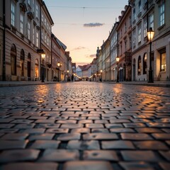 Fototapeta premium Charming cobblestone street at sunset.