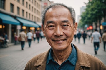 Fototapeta premium Close portrait of a smiling senior Chinese man looking at the camera, Chinese city outdoors blurred background