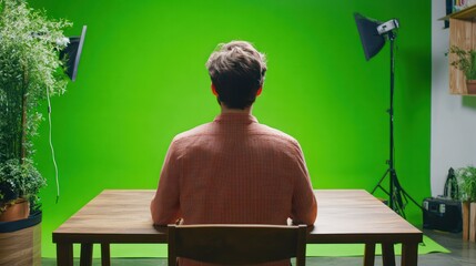 A hobbyist exploring creative ideas, set on a clean green screen for adaptable visuals