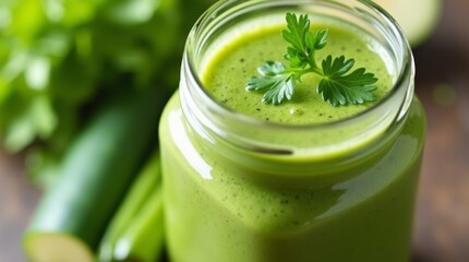 Close-up of a fresh green smoothie made from cucumber, celery, and apple, served in a mason jar with a sprig of parsley for garnish, smooth texture