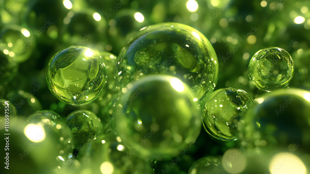 Poster multitude of green orbs, similar to water droplets or cells, gather in a clustered, abstract pattern