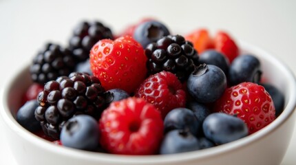 Close-up of a mixed berry blend, including blackberries, strawberries, and blueberries, arranged in a bowl, soft natural light emphasizing the texture and vibrant colors, minimalistic white background