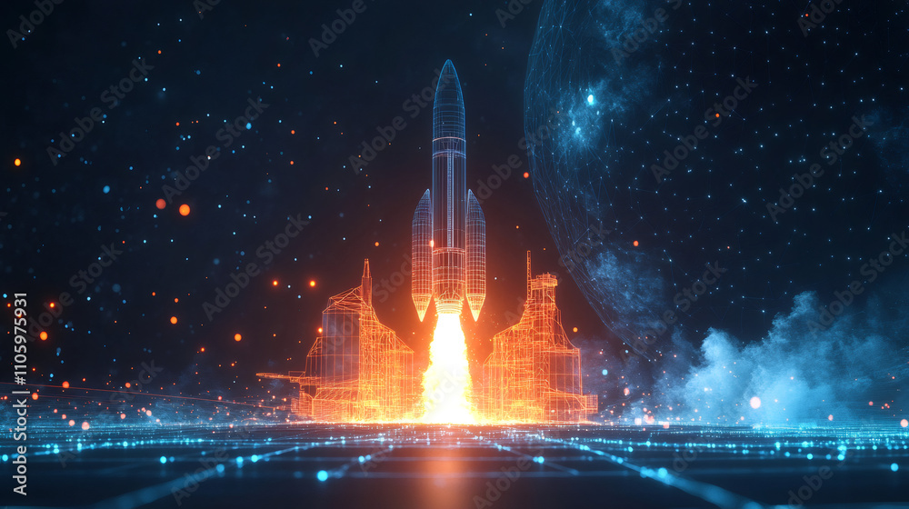 Poster futuristic spaceport launching low poly rocket with distant planet, symbolizing space exploration an