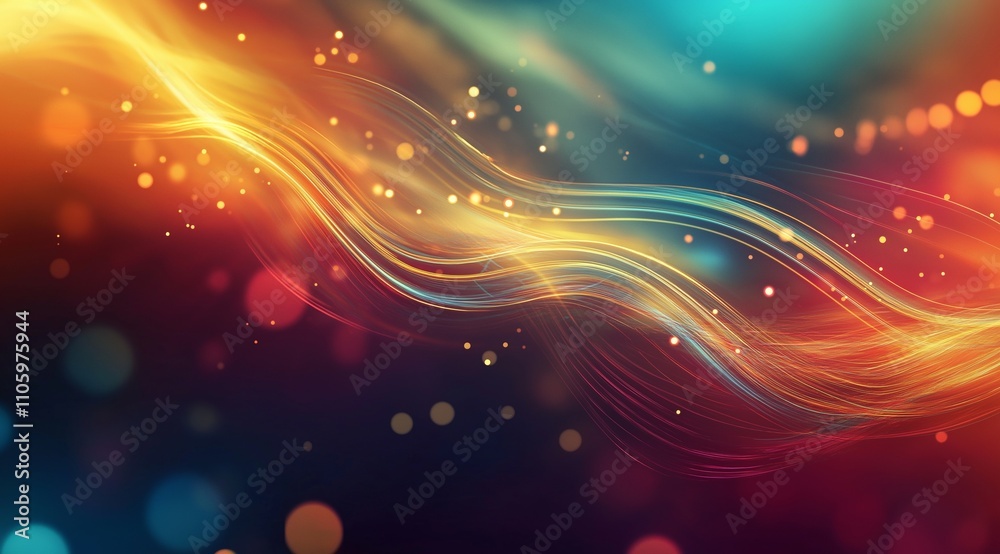 Poster abstract tech background in the form of colorful waves, consisting of a large number of digital conn