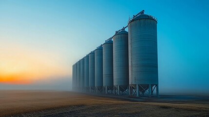 Obraz premium Majestic Grain Silos in Misty Sunrise on Rural Farm Landscape - Capturing Tranquility and Agricultural Industry