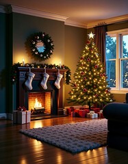 Rustic Christmas Living Room with Glowing Tree and Fireplace