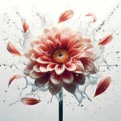 The image showcases a stunning, high-resolution depiction of a pink flower, likely a water lily or chrysanthemum, dramatically emerging from a splash of water. The flower's petals are delicate and lus